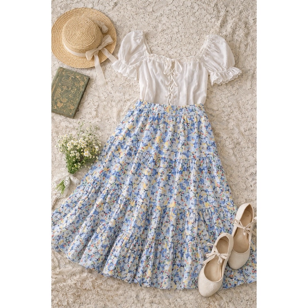 RL Chaps Floral Tiered Skirt Petite L‎ NWT Blue Cottagecore Boho Spring MSRP $69